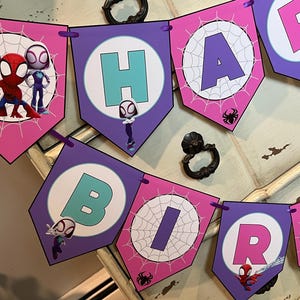 May include: A decorative party banner featuring pentagonal flags in shades of pink and purple. The flags display the letters H, A, P, B, I, R, T, and characters from Spidey and His Amazing Friends, including spider web patterns and small spider icons.