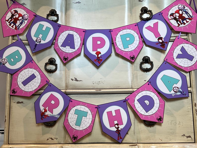 May include: A Happy Birthday banner featuring purple and pink pentagonal pennants with spiderweb patterns. Each pennant displays a letter in teal or pink, accented with small cartoon spider characters and web motifs throughout the design.