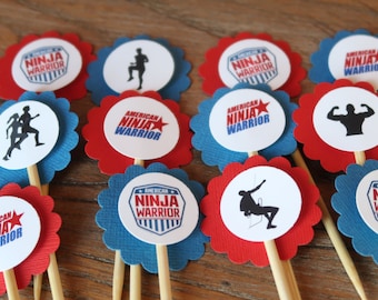 Décorations pour cupcakes American Ninja Warrior - Lot de 12 (rouge et bleu)