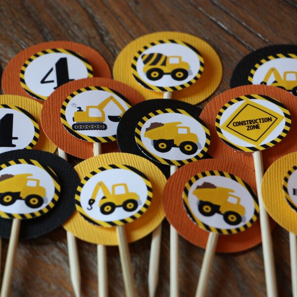 Construction / Truck Themed Cupcake Toppers (Dump Truck, Cement Mixer, Bulldozer, Etc.)-Color Theme of Black Yellow and Orange - Set of 12