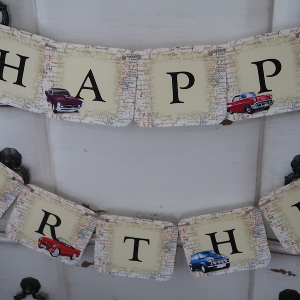 Antique / Vintage Cars Themed with Map Background - Happy Birthday Banner - Customizeable - (Travel/ Map / Cars / Vintage / Antiques)