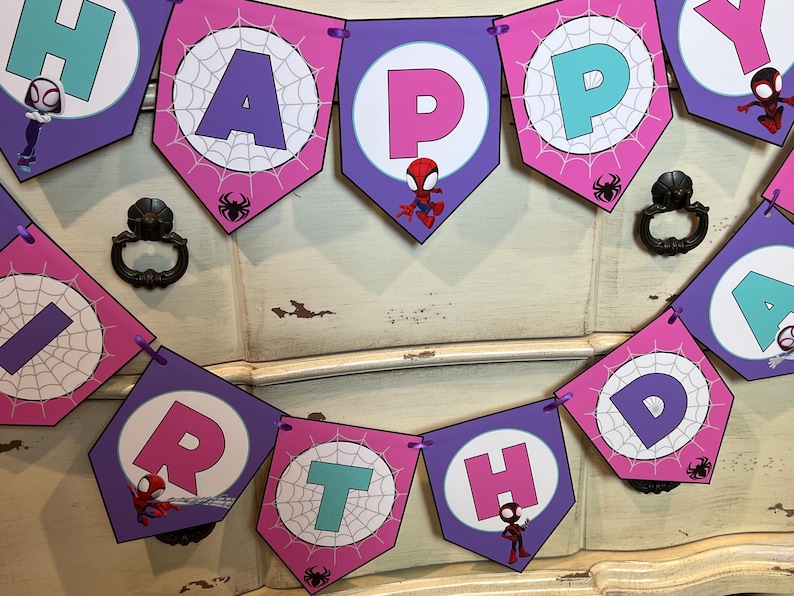 May include: A decorative party banner featuring purple and pink pentagonal flags with white circular centers. Each flag displays a letter spelling HAPPY BIRTHDAY, accented with spider web patterns, small spider icons, and cartoon spider characters.