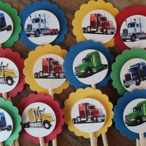 Tractor Trailer Truck Themed Cupcake Toppers - Set of 12 (Blue, Green, Yellow and Red) - Truck Hauler
