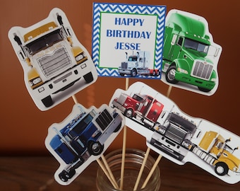 Tractor Trailer Truck Theme - Centerpiece Skewers - Big Rig Trucks - Red, Blue, Yellow and Green