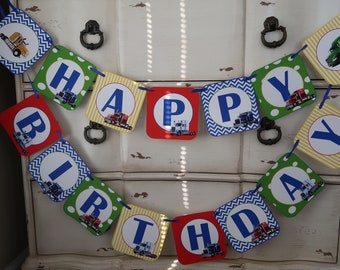 Tractor Trailer Truck - Happy Birthday Banner - Customizeable - (Tractor Trailer / Truck Hauler Theme, Red, Blue, Yellow and Green)