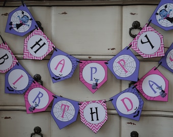 Vampirina Themed - Happy Birthday Banner - Customizeable - (Vampirina, Bats, Webs, Pink, Purple, Black, Disney Jr)