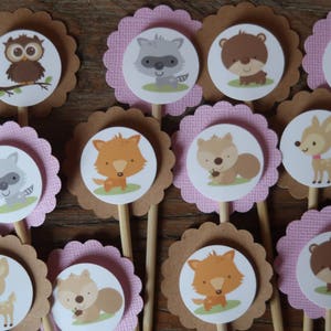 Woodland Creature Themed Cupcake Toppers (Owl, Racoon, Fox, Deer, Bear)- Set of 12