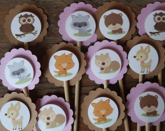 Woodland Creature Themed Cupcake Toppers (Owl, Racoon, Fox, Deer, Bear)- Set of 12