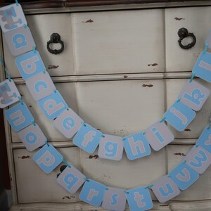 Blue and Light Grey Train Theme - Alphabet Banner - Baby Boy / Baby Girl Birthday - First Birthday