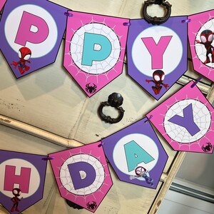 May include: A decorative party banner featuring purple and pink pentagonal flags with white spiderweb circles. Each flag displays a letter spelling HAPPY BIRTHDAY in pink, teal, and purple, accented with cartoon spider characters and small black spider icons.