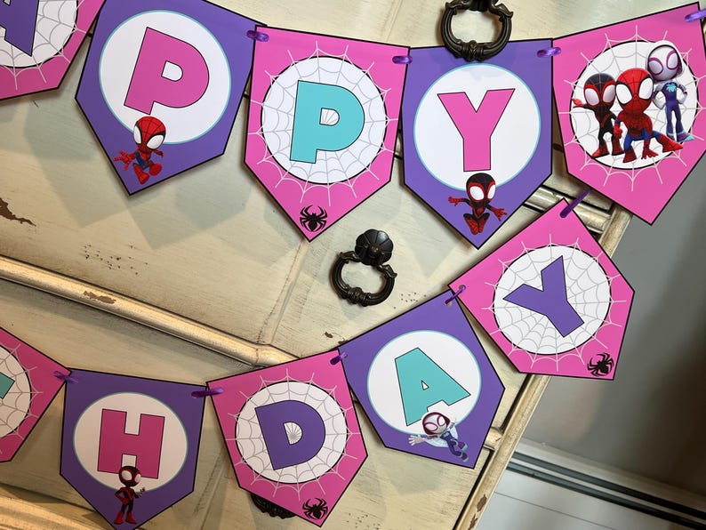 May include: A decorative party banner featuring purple and pink pentagonal flags with white spiderweb circles. Each flag displays a letter spelling HAPPY BIRTHDAY in pink, teal, and purple, accented with cartoon spider characters and small black spider icons.