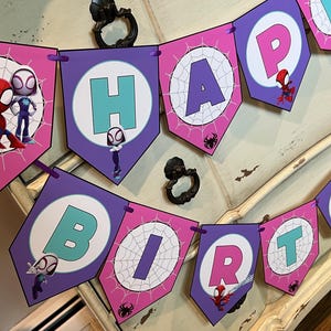 May include: A decorative banner featuring the text HAPPY BIRTH in bold letters on purple and pink pennants. Each pennant displays a white circle with a spiderweb pattern and cartoon characters from the Spidey and His Amazing Friends series.