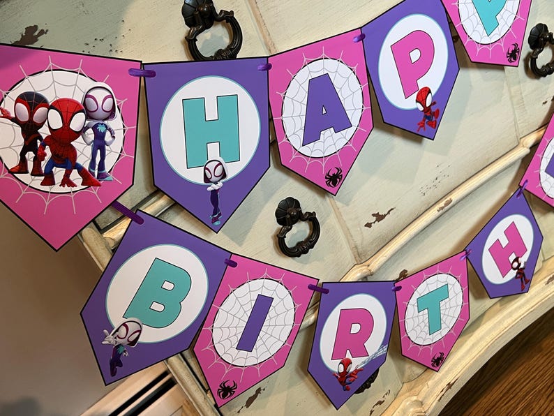May include: A decorative banner featuring the text HAPPY BIRTH in bold letters on purple and pink pennants. Each pennant displays a white circle with a spiderweb pattern and cartoon characters from the Spidey and His Amazing Friends series.