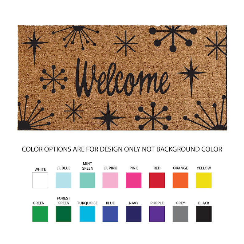 48x96 inch starburst coir doormat, 1/2 inch thick and comes in multiple sizes and color options. This starburst coir doormat traps dirt and stops it from entering your home, keeping your home cleaner, longer. Perfect for your mid-century modern home.