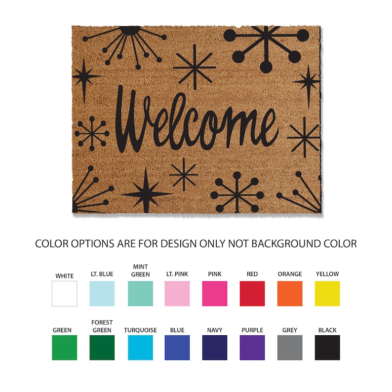 36x38 inch starburst coir doormat, 1/2 inch thick and comes in multiple sizes and color options. This starburst coir doormat traps dirt and stops it from entering your home, keeping your home cleaner, longer. Perfect for your mid-century modern home.