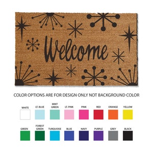 36x60 inch starburst coir doormat, 1/2 inch thick and comes in multiple sizes and color options. This starburst coir doormat traps dirt and stops it from entering your home, keeping your home cleaner, longer. Perfect for your mid-century modern home.