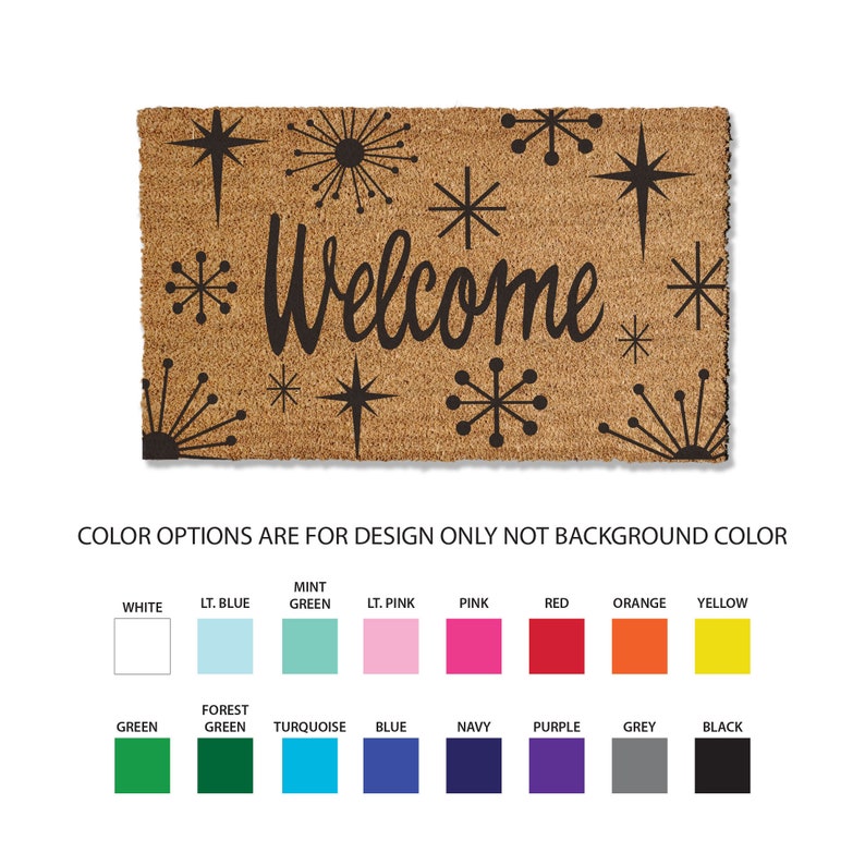 18x30 inch starburst coir doormat, 1/2 inch thick and comes in multiple sizes and color options. This starburst coir doormat traps dirt and stops it from entering your home, keeping your home cleaner, longer. Perfect for your mid-century modern home.