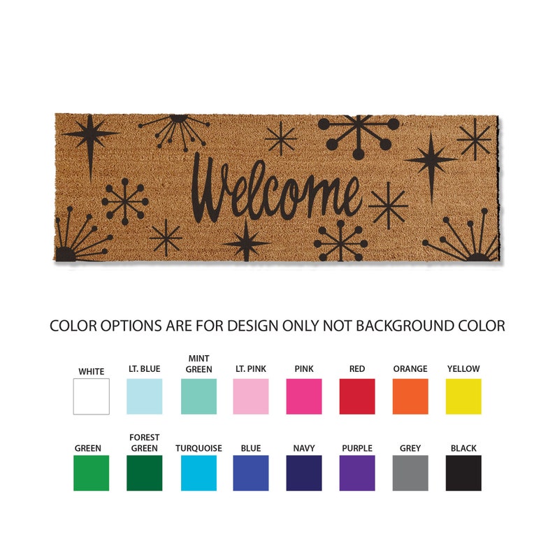 24x72 inch starburst coir doormat, 1/2 inch thick and comes in multiple sizes and color options. This starburst coir doormat traps dirt and stops it from entering your home, keeping your home cleaner, longer. Perfect for your mid-century modern home.