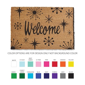 24x36 inch starburst coir doormat, 1/2 inch thick and comes in multiple sizes and color options. This starburst coir doormat traps dirt and stops it from entering your home, keeping your home cleaner, longer. Perfect for your mid-century modern home.