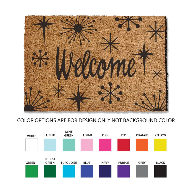 24x36 inch starburst coir doormat, 1/2 inch thick and comes in multiple sizes and color options. This starburst coir doormat traps dirt and stops it from entering your home, keeping your home cleaner, longer. Perfect for your mid-century modern home.