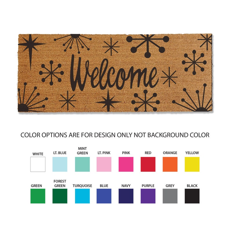 24x60 inch starburst coir doormat, 1/2 inch thick and comes in multiple sizes and color options. This starburst coir doormat traps dirt and stops it from entering your home, keeping your home cleaner, longer. Perfect for your mid-century modern home.