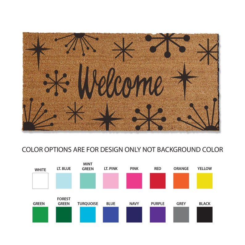 36x72 inch starburst coir doormat, 1/2 inch thick and comes in multiple sizes and color options. This starburst coir doormat traps dirt and stops it from entering your home, keeping your home cleaner, longer. Perfect for your mid-century modern home.