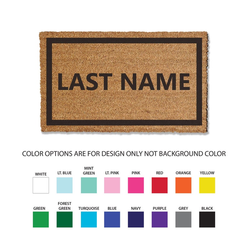 18x30 inch custom coir doormat, 1/2 inch thick and comes in multiple sizes and color options. This Custom welcome doormat traps dirt and stops it from entering your home, keeping your floors cleaner, longer.