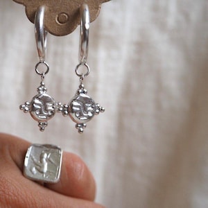 Sun Charm Silver Hoop Earrings – Dangle Sun Earrings – Celestial Boho Jewelry – Sterling Silver Hoops – Gift for Her – Handmade Earrings