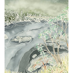 May include: A watercolor painting of a river scene with a bridge in the distance. The river is a light blue color and the bridge is white. The trees on the banks of the river are green and the sky is a light gray color.
