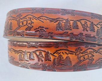 Personalized  Leather Belt / Leaping Deer and Hunter / Free Name / Free Shipping