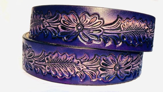Leather Women’s Belt in Black, Blue, Pink, and Tan Ladies Tooled Leather Belt with Turquoise Edge & Rawhide  main image 2