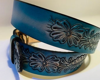 Personalized Leather Belt / Teal with Flowers / Free Name / Free Shipping
