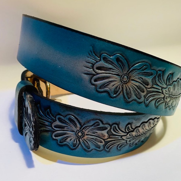 Personalized Leather Belt / Teal with Flowers / Free Name / Free Shipping