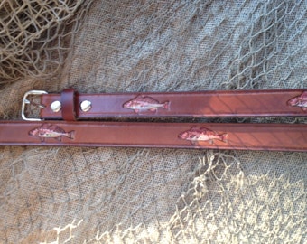 Hand painted, Saltwater, Redfish, Leather Belt / Free Shipping