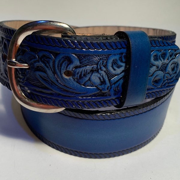 Personalized Leather Belt / Blue Western Scroll / Horse / Free Name / Free Shipping