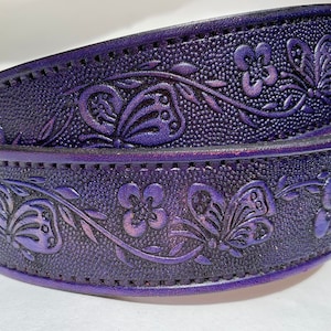 Personalized Purple Leather Belt / Butterfly with Flowers / Free Name / Free Shipping