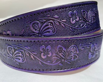 Cinturón de Cuero Morado Personalizado / Mariposa con Flores / Nombre Gratis / Envío Gratis