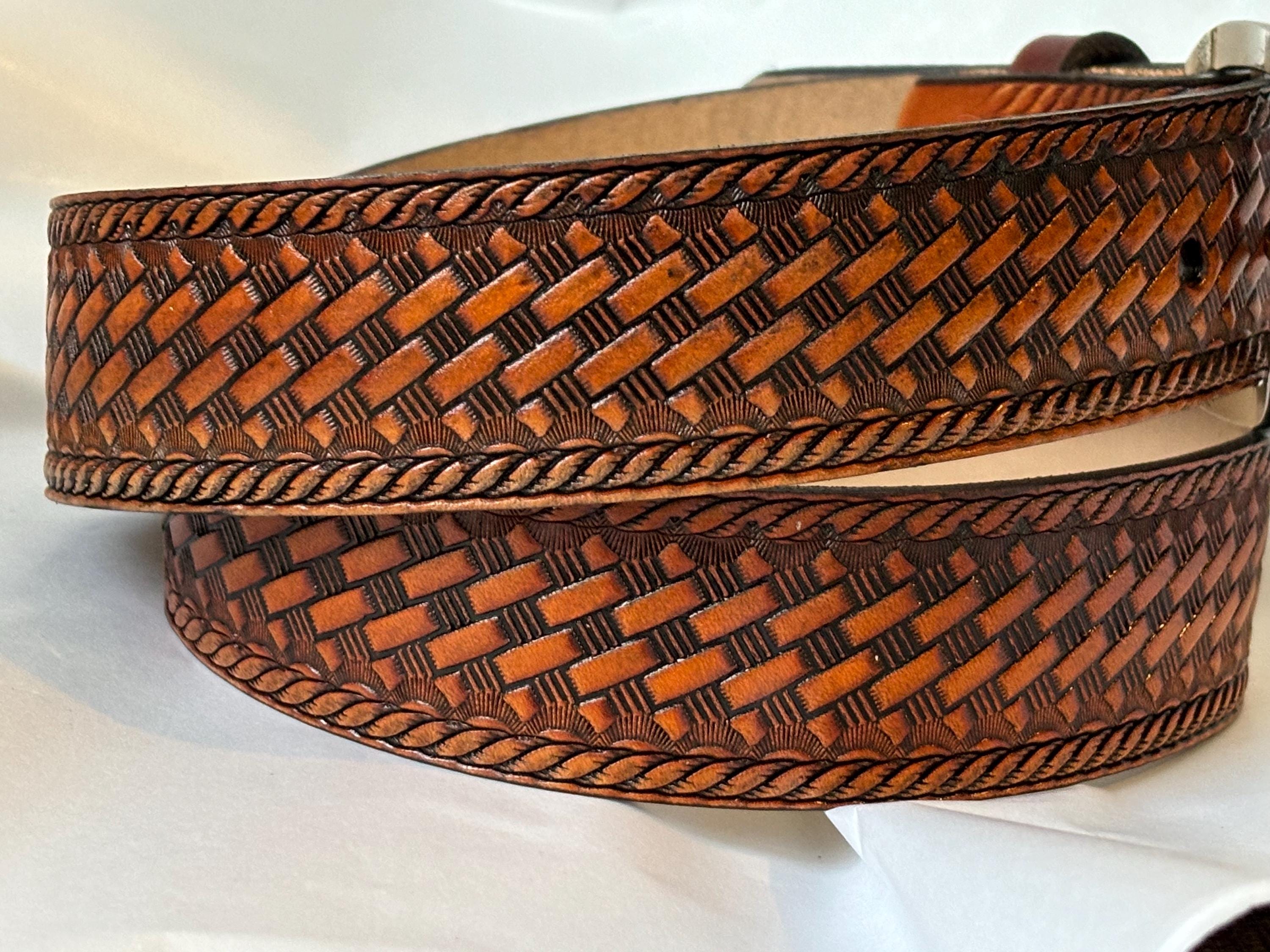Vintage Medici Tan Woven Basketweave Pattern Unisex Leather Belt The Basketweave Belt – Ranchlands main image 2