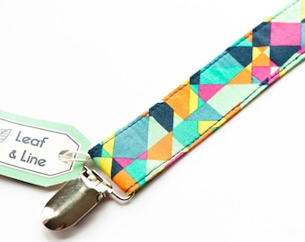 Technicolor clip | Pacifier clip - kaleidoscope colorful bright geometric, premium pima cotton, gender neutral baby, universal paci clip