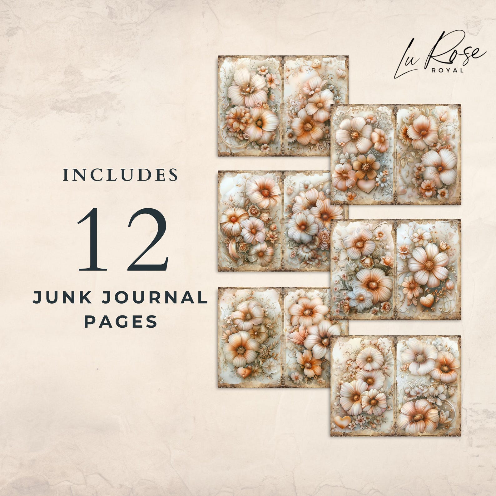 Shabby Chic Junk Journal Printable, Soft Pastel Beige Floral Digital ...