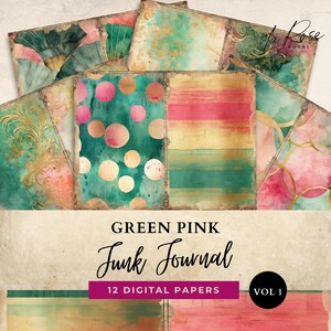 Junk Journal French Pink Pages, Antique Accents, Printable Scrapbooking, Grungy Green Digital  Download, Vintage Ephemera, Golden Old Style