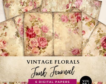Floral Junk Journal, Shabby Chic Rose Junk Journal Pages, Vintage Digital Papers For Scrapbooking, Antique Textured Backgrounds Jpg File VF1