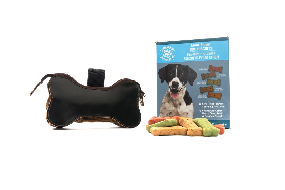 Dog Treats Fanny Pack ZIPBONE en cuir noir, tissu imprimé marron