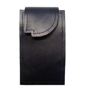 May include: A black leather phone case with a flap closure. The case has a stitched design around the edges.