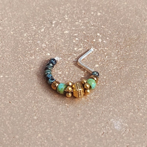 Nose Ring with glass greenish-turquoise beads in gold or silver plated pewter on 22 gauge sterling silver wire with L post