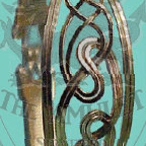 May include: A silver Celtic knot bangle bracelet with a polished finish. The bracelet is made of a single piece of metal that is twisted and intertwined to create a complex design.