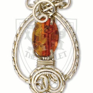 May include: A silver pendant with a teardrop-shaped frame and a brown, amber-colored gemstone. The frame is made of twisted wire and has a loop at the top for attaching a chain.