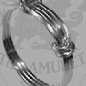 Könnte beinhalten: Ein silberner Ring mit einem Knotendesign. Der Ring besteht aus drei miteinander verdrehten Metallsträngen.