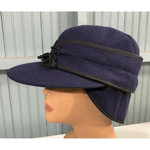 Vintage Wool Blue Railroad Tie Made in USA Ear Flaps 7 7/8 Langenberg Hat Cap