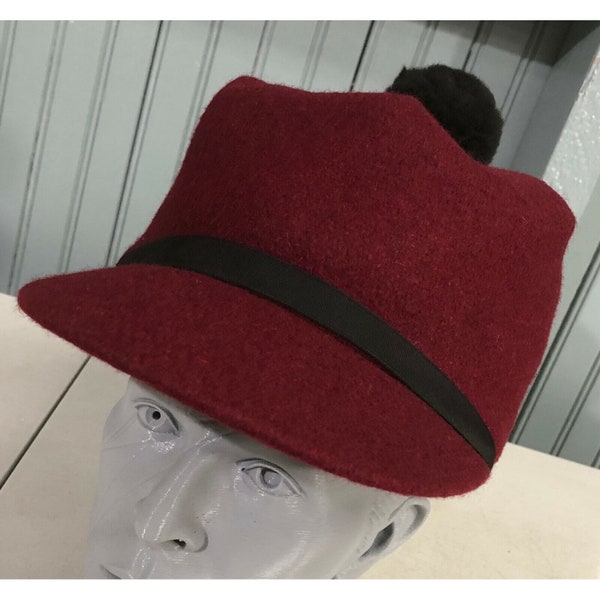 Vintage Maroon Pom Wool Hunting Made in USA Ear Flaps 6 1/2 Langenberg Scotch Hat Cap